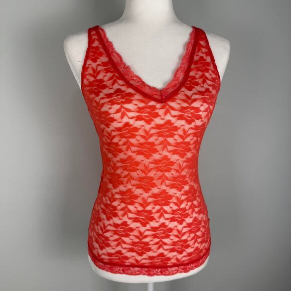 Fitted lace sheer camisole pink orange V-neckline stretchy - size medium - Picture 4 of 8